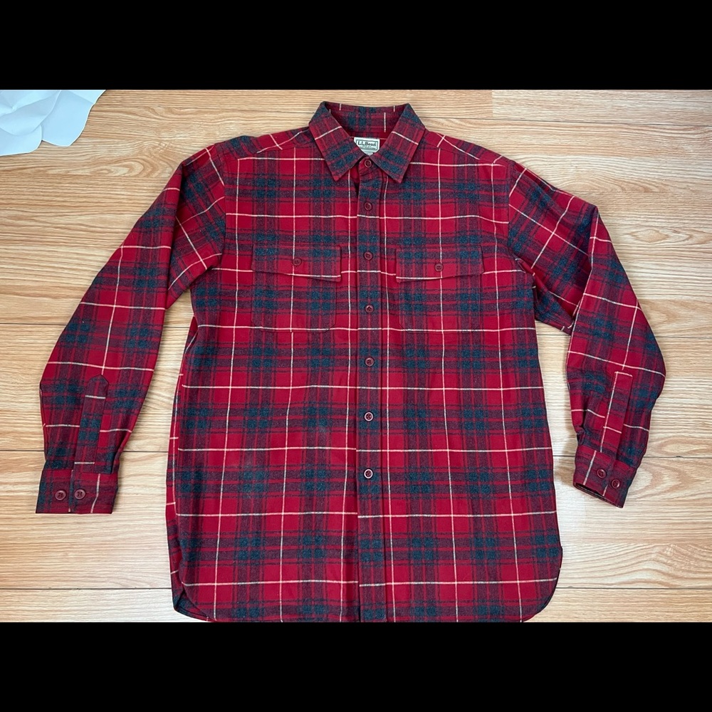 LL Bean Mens Medium Reg Button Front Flannel Shirt Gray Red Plaid 100% Cotton.